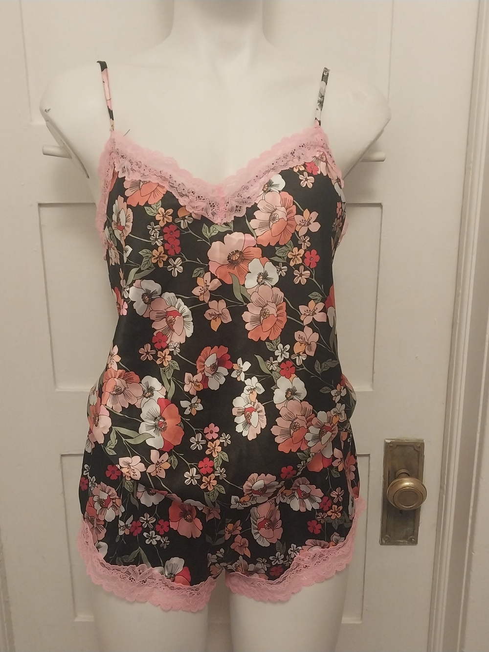 Secret Treasures Black Floral Satin Cami & Short Set with Pink Lace
